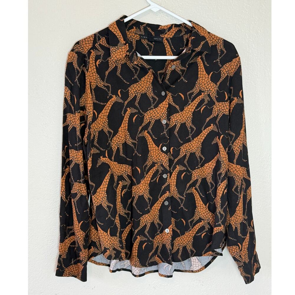 Women's Jane + Delancey Giraffe Patterned Black Button Down Shirt Top Sz Med